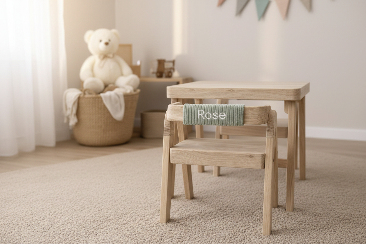 Chaise enfant en bois personnalisée – Prénom brodé – Design naturel & Montessori